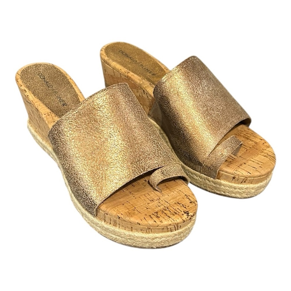 Donald J. Pliner Metallic Gold Cork Wedge Slide Sandals